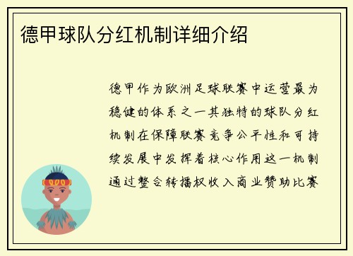 德甲球队分红机制详细介绍