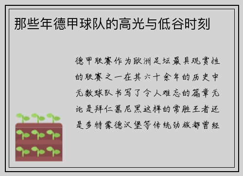 那些年德甲球队的高光与低谷时刻